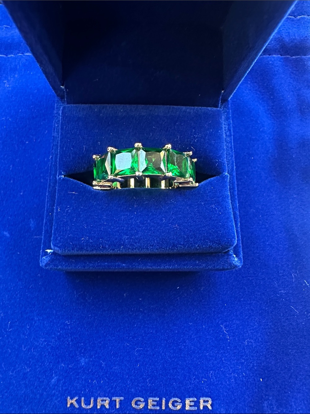 Kurt Geiger London Gold Plated w/ Green Crystals Size 7 Brand New Ring